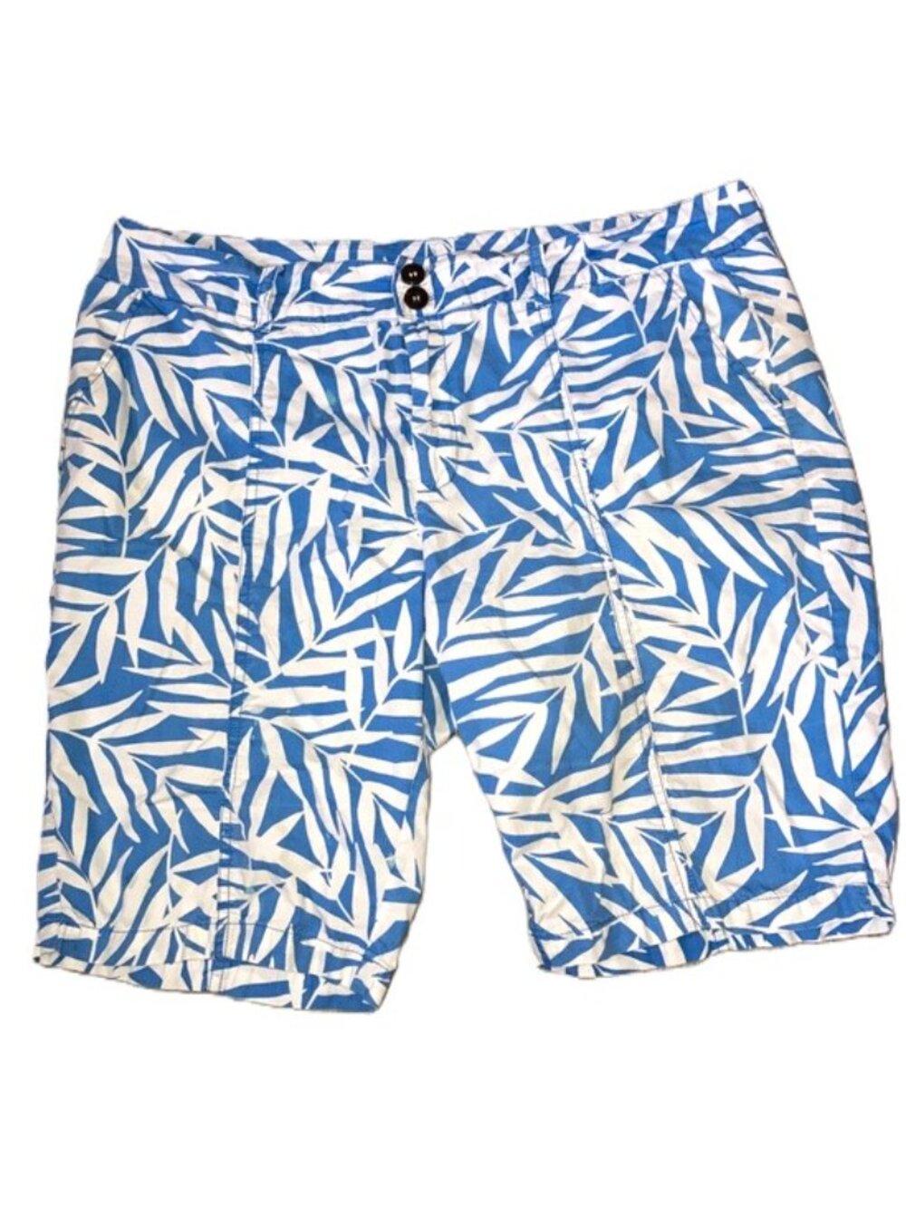 CARRIBEAN JOE Blue & White Leaf-Print Cargo Shorts Womens Plus Size 16